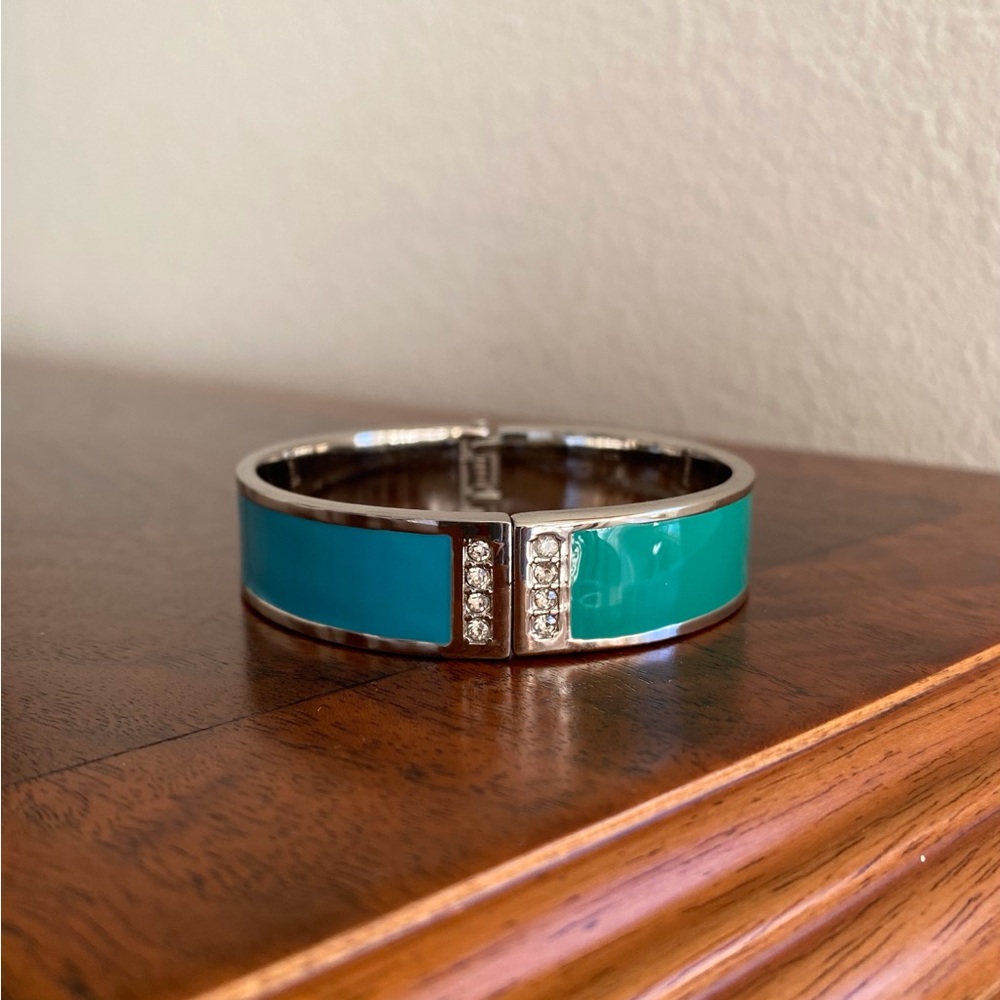 Ann Taylor Silver Teal Blue/Green Enamel Rhinestone Hinged Bangle Bracelet!